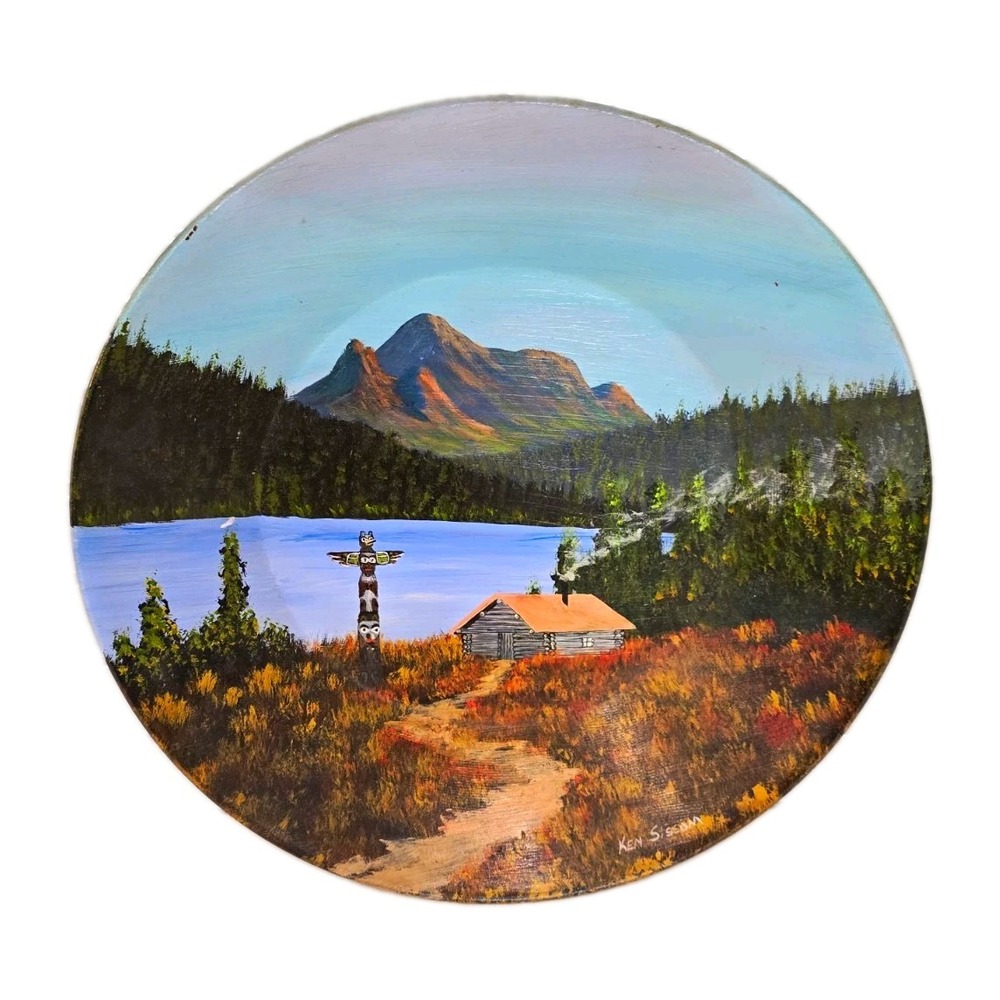 Painted Alaska Metal Plate Mountain Lake Cabin Totem Signed Ken Sisson 16"